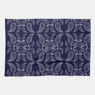 Navy blue white floral paisley design tea towel