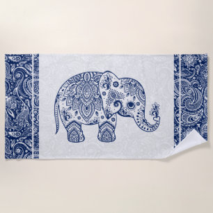 navy-Blue & White Floral Paisley Elephant Beach Towel