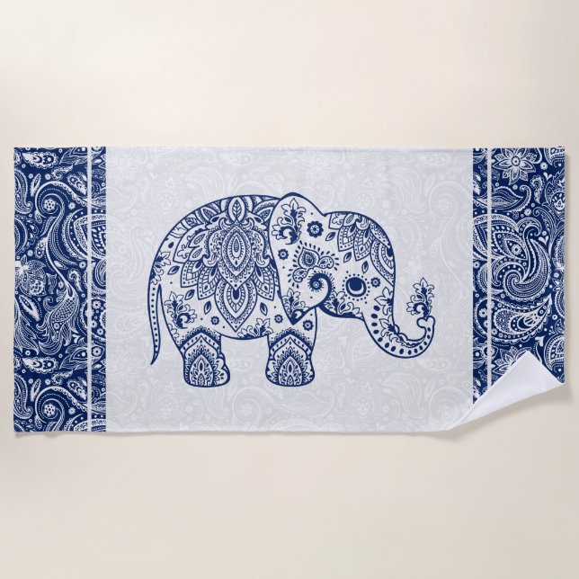 navy-Blue & White Floral Paisley Elephant Beach Towel (Front)