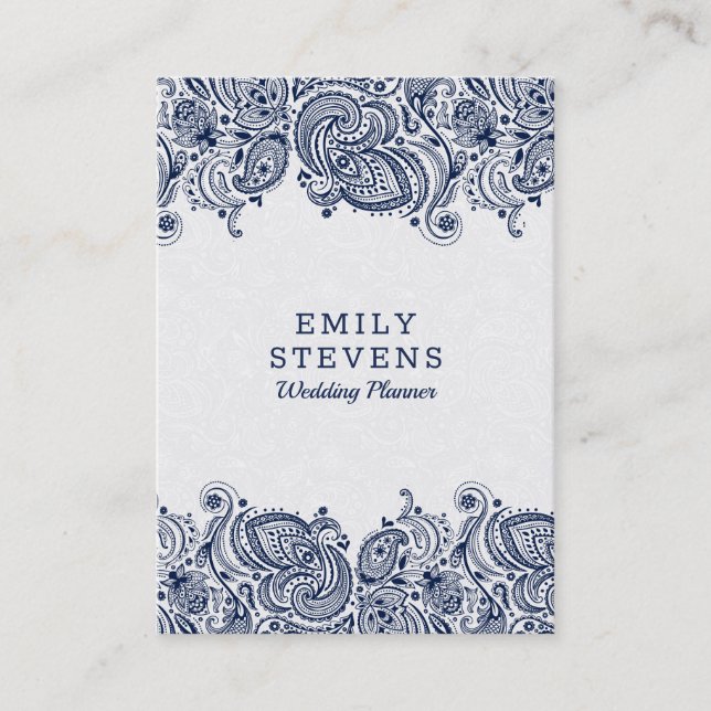 Navy-blue & White Floral Paisley Lace Business Card (Front)