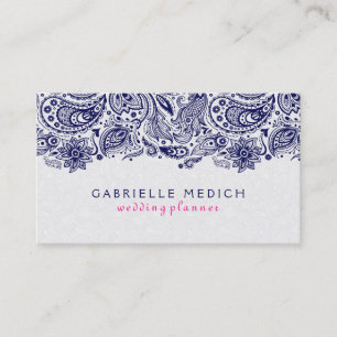 Navy Blue & White Floral Paisley Lace Business Card