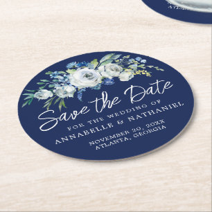 Navy Blue White Floral Winter Save the Date Round Paper Coaster
