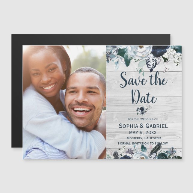 Navy Blue White Floral Wood Wedding Save the Date Magnetic Invitation (Front/Back)