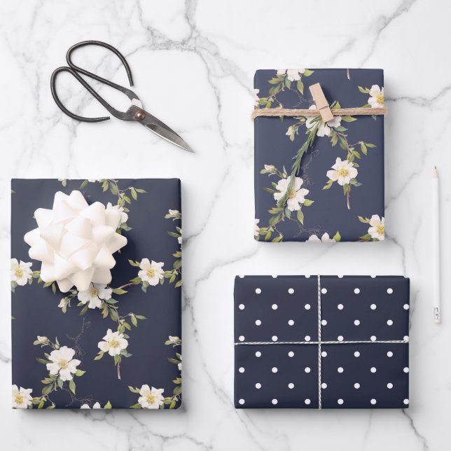 Navy Blue White Floral Wrapping Paper Sheet (Front)