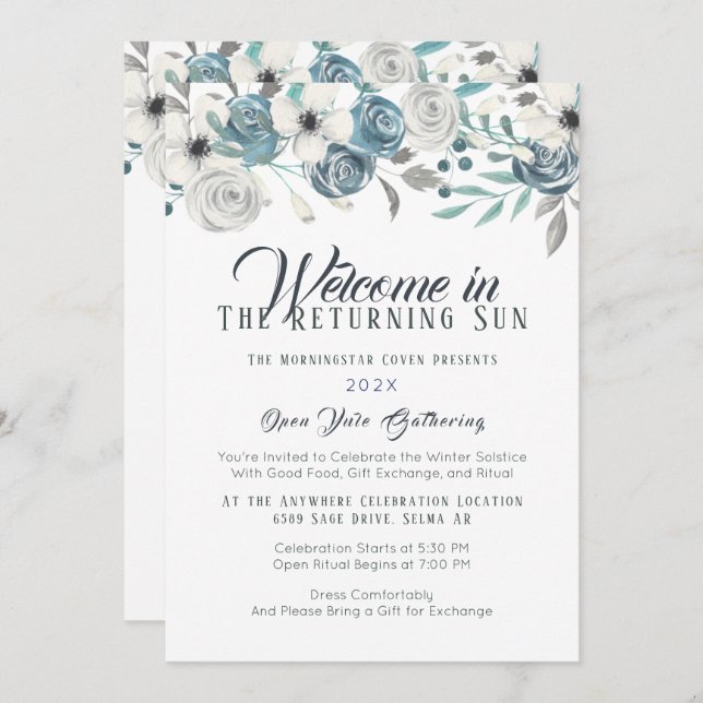 Navy Blue & White Floral Yule Winter Solstice Invitation (Front/Back)