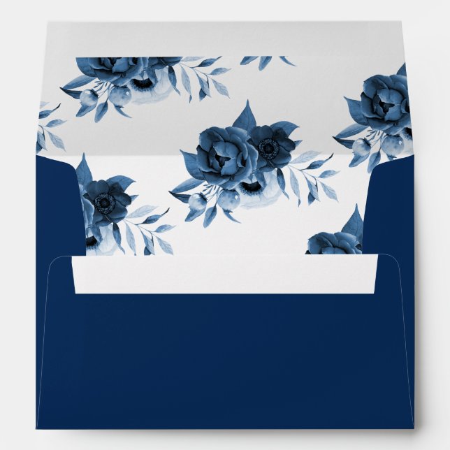 Navy blue white florals flowers wedding envelope (Back (Bottom))