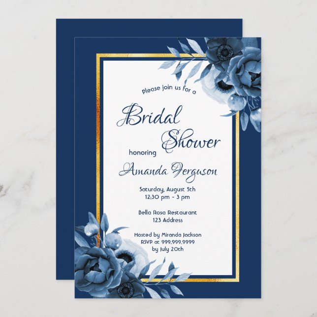 Navy blue white florals gold Bridal Shower Invitation (Front/Back)