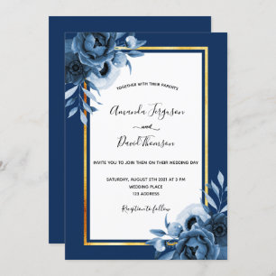 Navy blue white florals gold chic wedding invitation