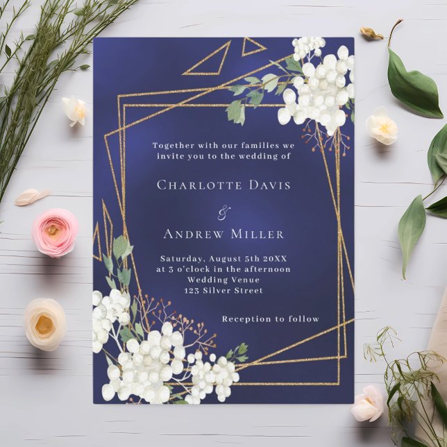 Navy blue white florals gold geometric wedding invitation (Creator Uploaded)