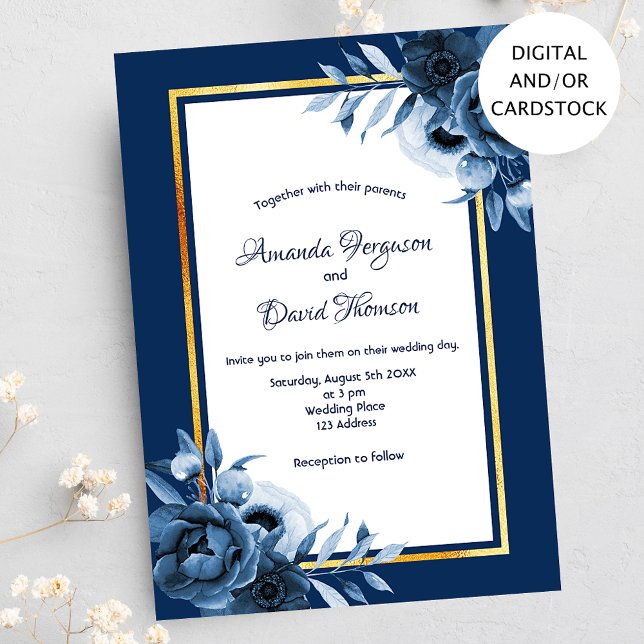 Navy blue white florals gold wedding invitation (Creator Uploaded)