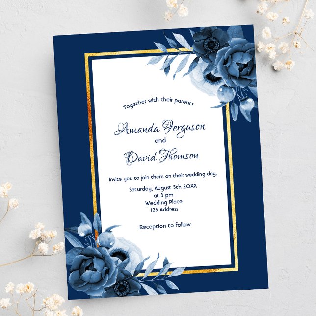 Navy blue white florals gold wedding invitation postcard (Creator Uploaded)