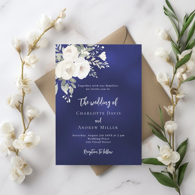 Navy blue white florals wedding invitation (Creator Uploaded)