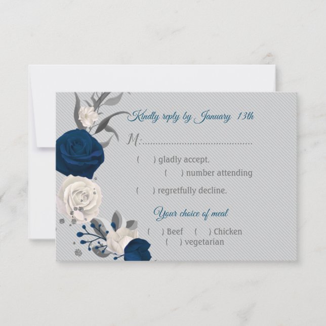 navy blue & white flowers botanical meal choice RSVP card (Front)