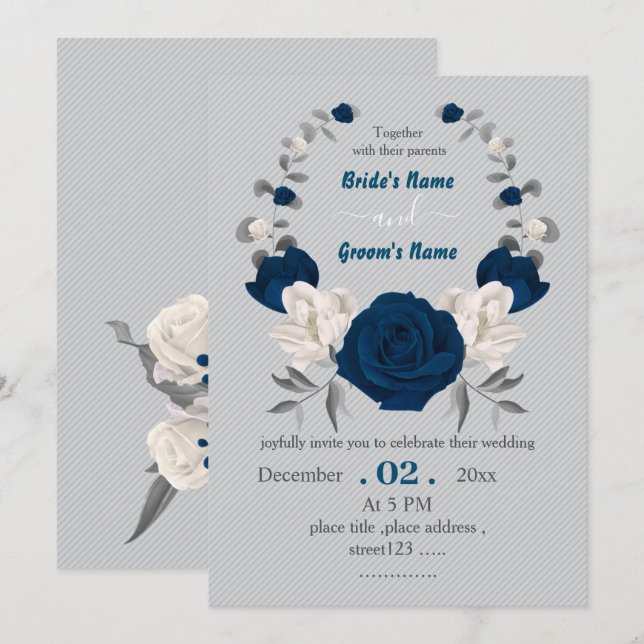 navy blue & white flowers botanical wreath wedding invitation (Front/Back)