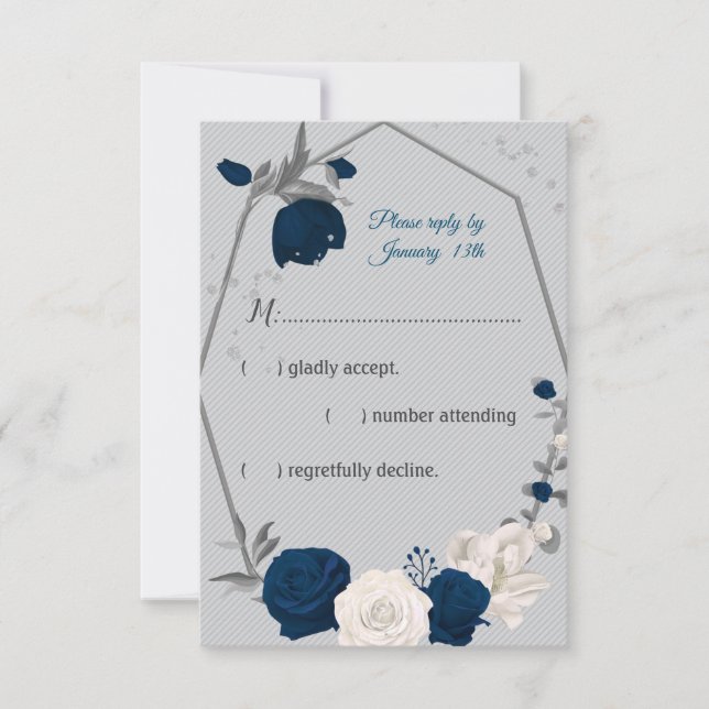 navy blue & white flowers geometric grey rsvp card (Front)