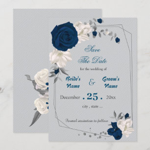 navy blue & white flowers geometric save the date invitation