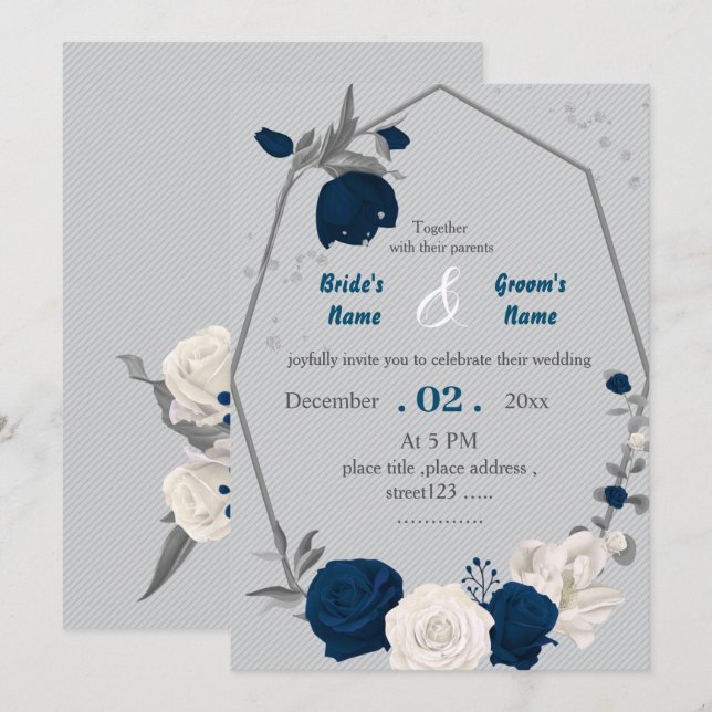 navy blue & white flowers geometric wedding invitation (Front/Back)