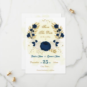 navy blue & white flowers gold botanical save the date