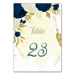 navy blue & white flowers gold wedding table number