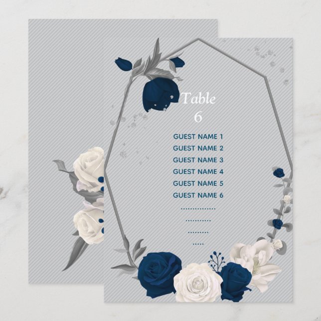 navy blue white flowers seating chart table number (Front/Back)