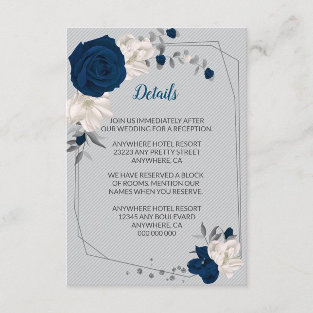 navy blue & white flowers silver geometric details enclosure card (Front)