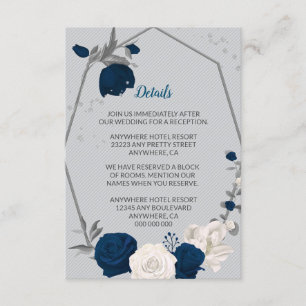 navy blue & white flowers silver geometric details enclosure card