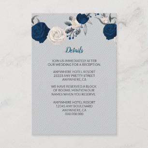 navy blue white flowers silver leaves grey details enclosure card