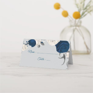 navy blue & white flowers silver leaves grey place card