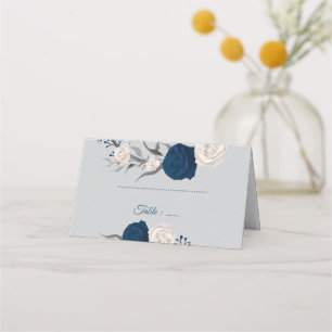 navy blue & white flowers silver leaves grey place card