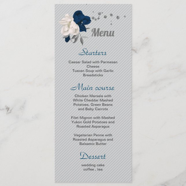 navy blue white flowers silver leaves wedding menu (Front)