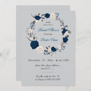 navy blue & white flowers wreath bridal shower invitation