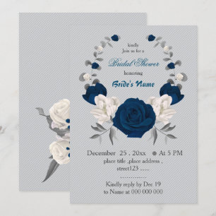navy blue & white flowers wreath bridal shower invitation