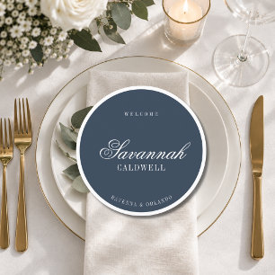 Navy Blue White Formal Round Wedding Guest Place Program