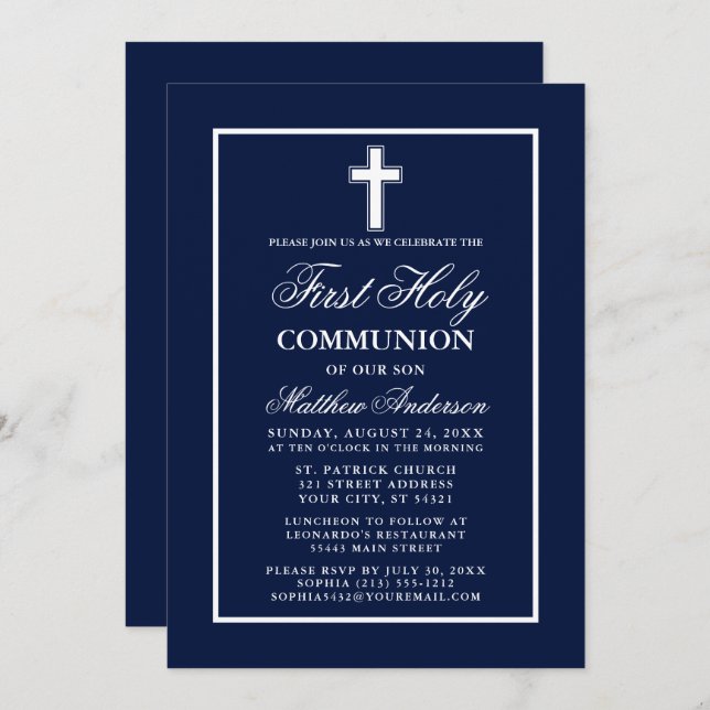 Navy Blue White Frame First Holy Communion Invitation (Front/Back)
