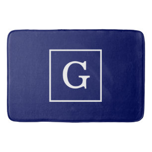 Navy Blue White Framed Initial Monogram Bath Mat