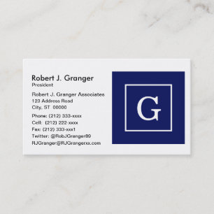 Navy Blue White Framed Initial Monogram Business Card