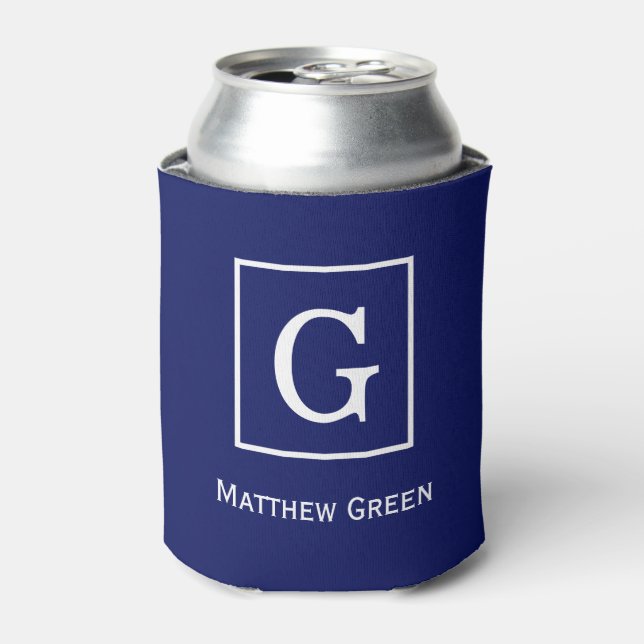Navy Blue White Framed Initial Monogram Can Cooler (Can Front)