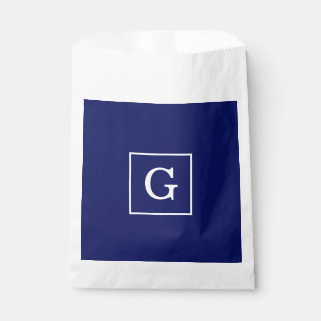 Navy Blue White Framed Initial Monogram Favour Bag (Front)