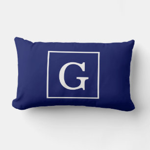 Navy Blue White Framed Initial Monogram Lumbar Cushion