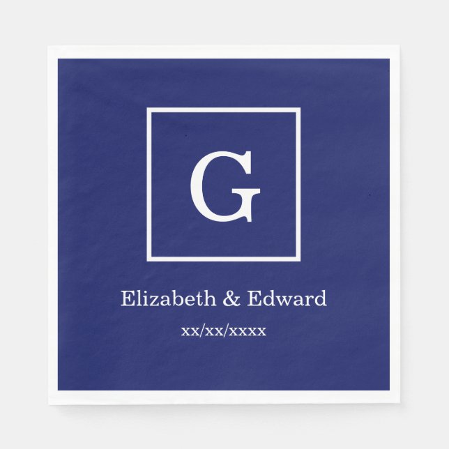 Navy Blue White Framed Initial Monogram Napkin (Front)