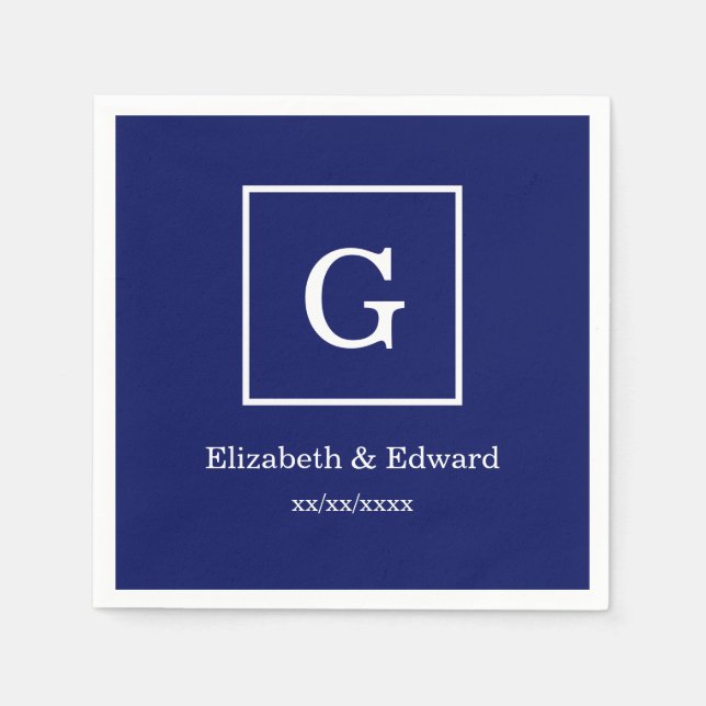Navy Blue White Framed Initial Monogram Napkin (Front)
