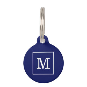 Navy Blue White Framed Initial Monogram Pet Tag