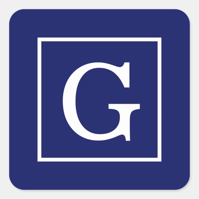 Navy Blue White Framed Initial Monogram Square Sticker (Front)