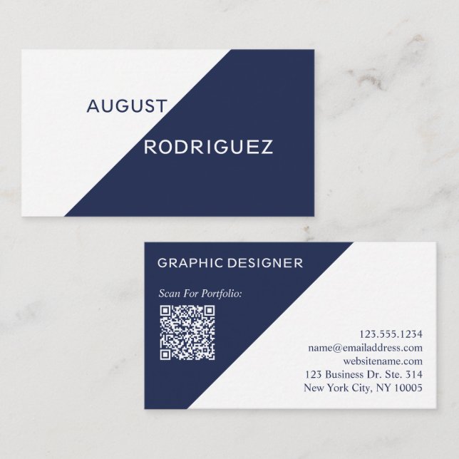 Navy Blue White Geometric Custom QR Code Business Card (Front/Back)