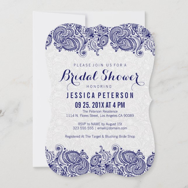 Navy Blue & White Girly Paisley Lace Invitation (Front)