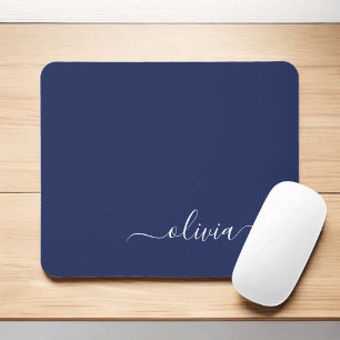 Navy Blue White Girly Script Monogram Name Modern Mouse Pad