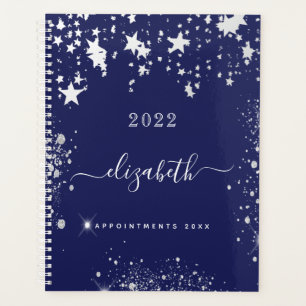 Navy blue white glitter dust monogram script planner