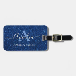Navy blue white glitter monogram name luggage tag