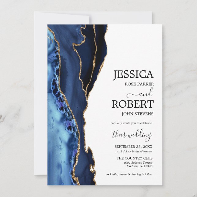 Navy Blue White Gold Agate Wedding Invitation (Front)