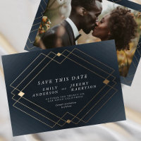 Navy Blue & White | Gold Deco Lines Save The Date